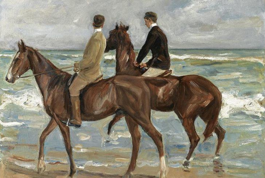Painting of two men riding horses on the beach.