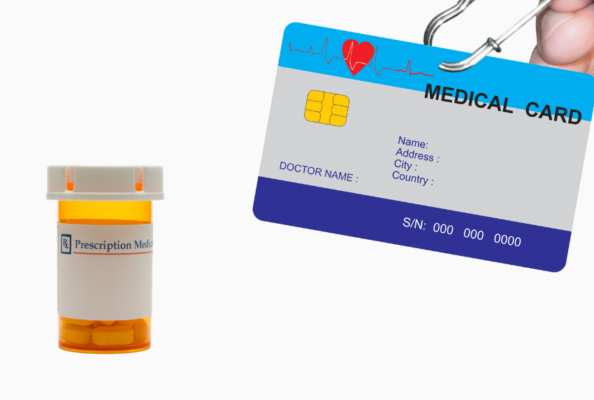 Prescription bottle and medical ID card.