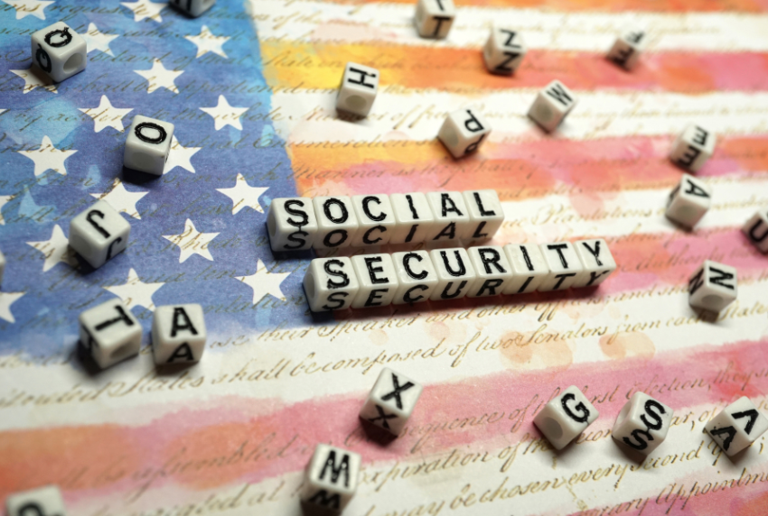 American flag with scrabble words saying social security.