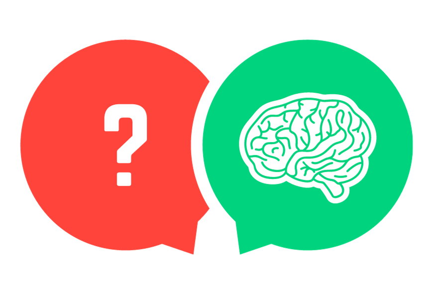 A question mark in a red speech bubble and a brain in a green speech bubble