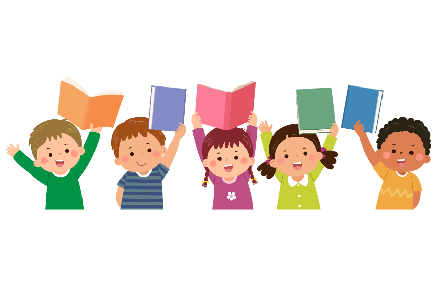 Five kids holding up books