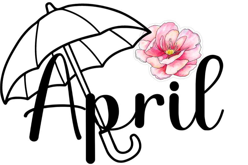 The word April in script with a flower and an umbrella