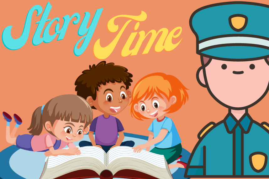 Children having story time with a police officer with the words Story Time