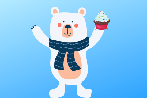 Polar bear cartoon holding a cupcake