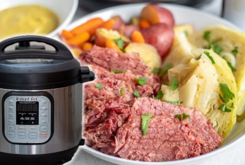 Instant pot in front of corned beef and cabbage.