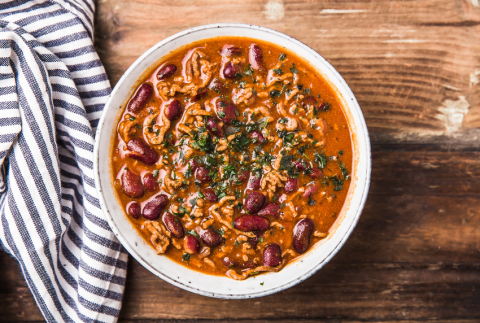 Top view of a bowl of chili. 