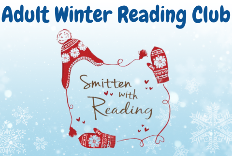 Snowflake background, hat and mittens with words smitten with reading.