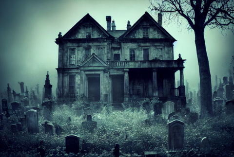 Eerie house with gravestones. 