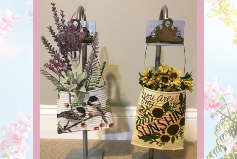 Cans decorated with spring designs.