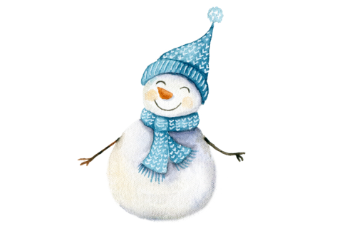 Snowman with blue hat and scarf smiling