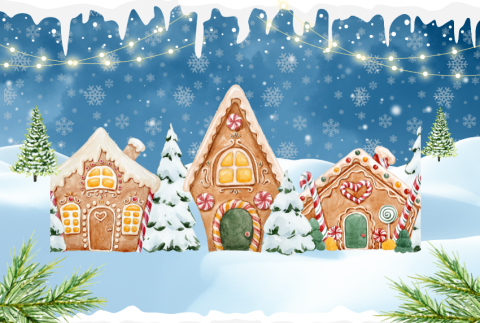 Winter scene with gingerbread houses. 