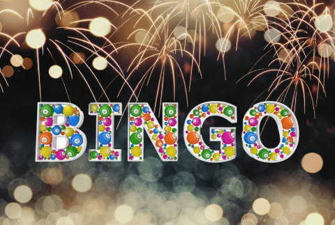 Fireworks in background with word bingo. 