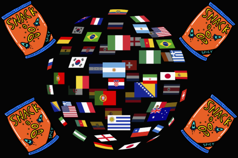 A world made of flags with snack bags around it and a black background