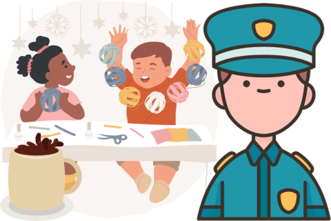 A police officer with children making crafts and a cup of hot cocoa