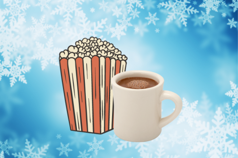 Popcorn and hot chocolate on a snowflake background