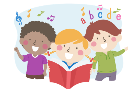 Three children with a book with music notes and abcs