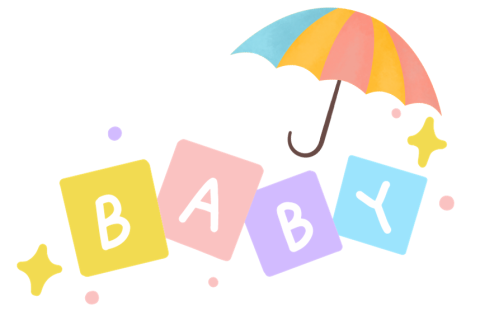 Baby spelled out in blocks with an umbrella