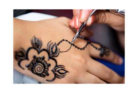 Hand with henna design being drawn on.