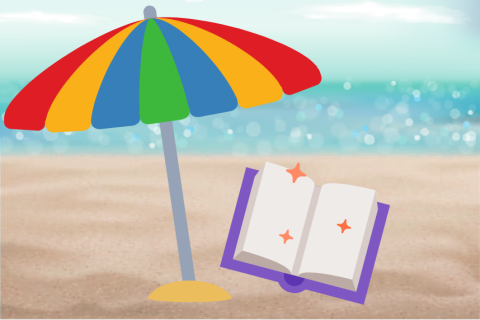 Beach scene with a book and an umbrella