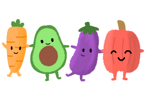 Cartoon carrot, avocado, eggplant, and bell pepper