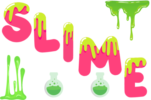The word slime in pink with dripping green slime and science beakers with green slime