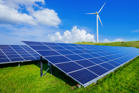 Solar panels and wind mill.