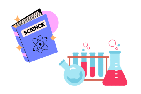 Science book and beakers