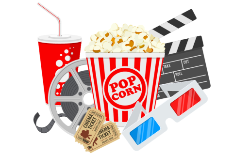 Popcorn, soda, tickets, 3D classes, film reel, and a movie clapboard
