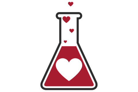 Science beaker with red liquid and hearts
