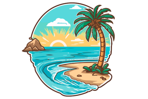 Palm tree, sand, ocean, sun