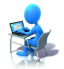 Picture of a blue person working on a laptop sitting at a student desk