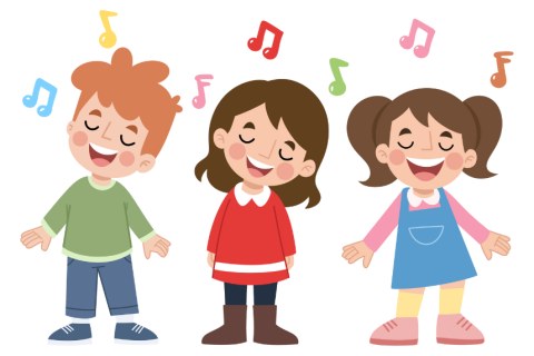 Children singing with music notes