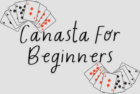 Cards fanned out with words canasta for beginners. 