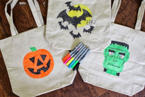 Top view of decorated Halloween bags. 