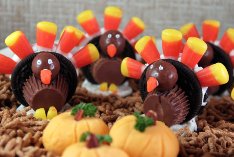 Cookies made out of candies to look like a turkey.