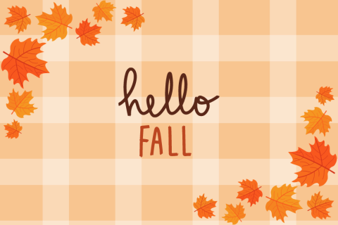 Hello fall with plaid background and leaves