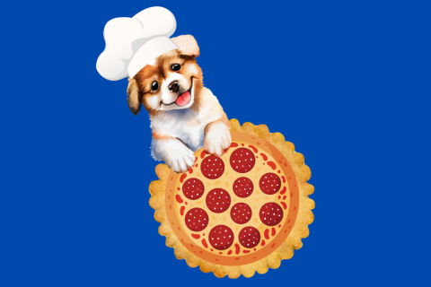 A puppy wearing a chef's hat presenting pizza