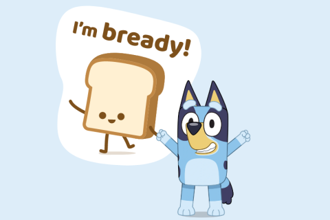 A piece of bread saying I'm bready holding Bluey's hand