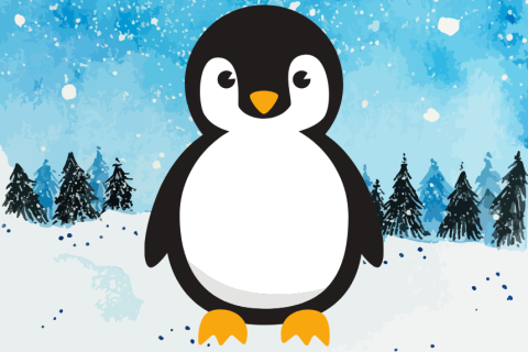 A penguin in a winter scene