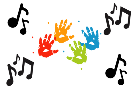 Handprints in Blue, green, orange, and red and music notes