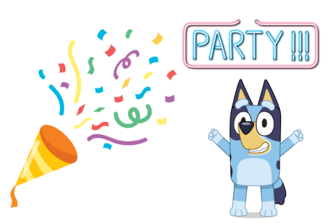 Bluey with confetti and the word party