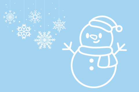 Blue background with snowman and snowflakes in white