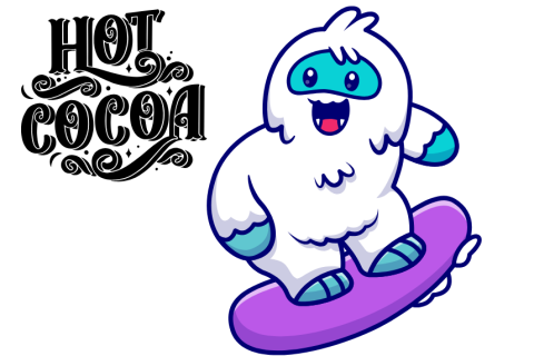 The words hot cocoa and a Yeti on a snowboard