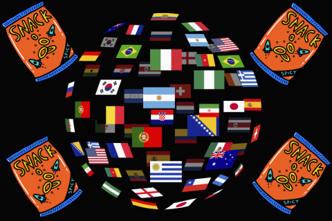 World made up of different flags surrounded by snack bags