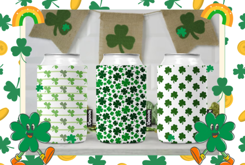 St. Patrick's Day themed koozies with shamrocks. 