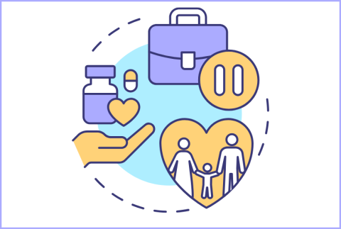 Circle of a family icon, medicine icon and bag icon. 