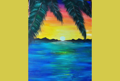 Painting of a tropical sunset.