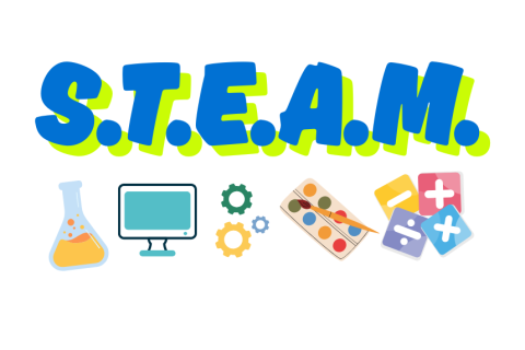 Steam with a beaker, computer, gears, paint palette, and math symbols