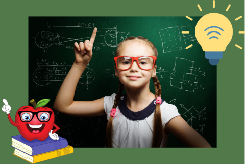 Young person with glasses in front of a chalk board. 