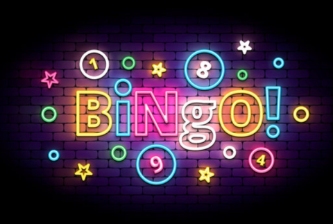 Neon sign that reads BINGO. 